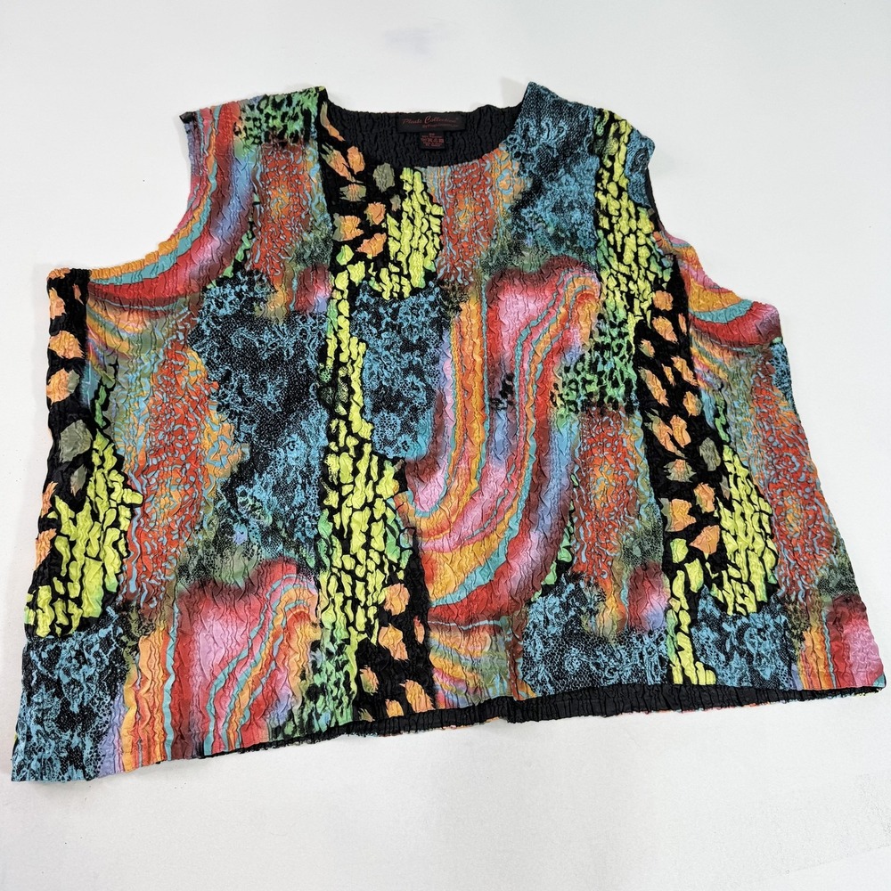 Pleats Collection Shirt Womens 3X Multicolor Crinkle Pleated Sleeveless Abstract